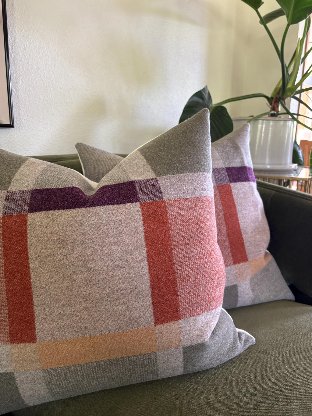wool plaid pillow cover with green and orange pillow 18”20”22”24” 14x24 housewarming gift