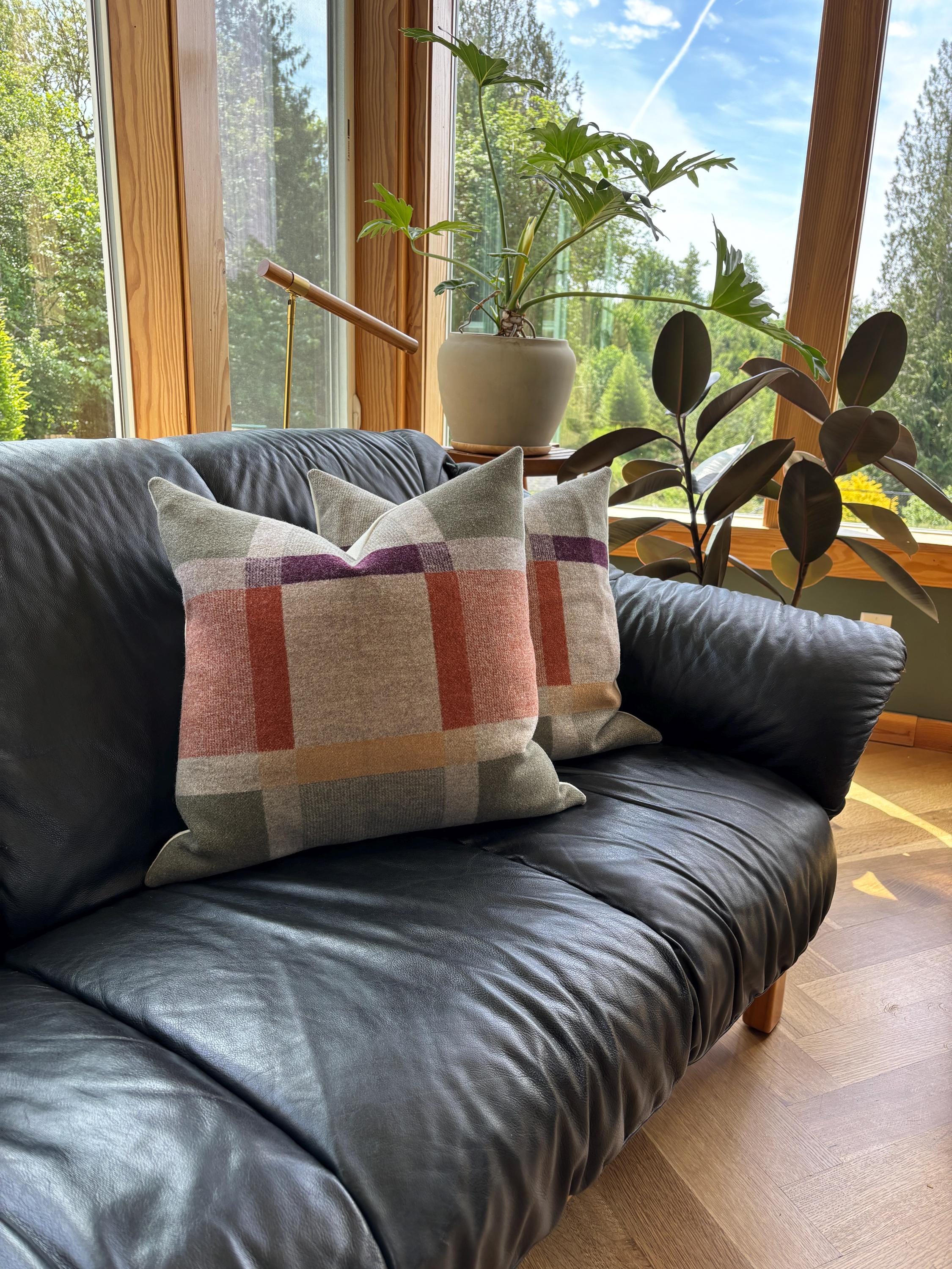 wool plaid pillow cover with green and orange pillow 18”20”22”24” 14x24 housewarming gift
