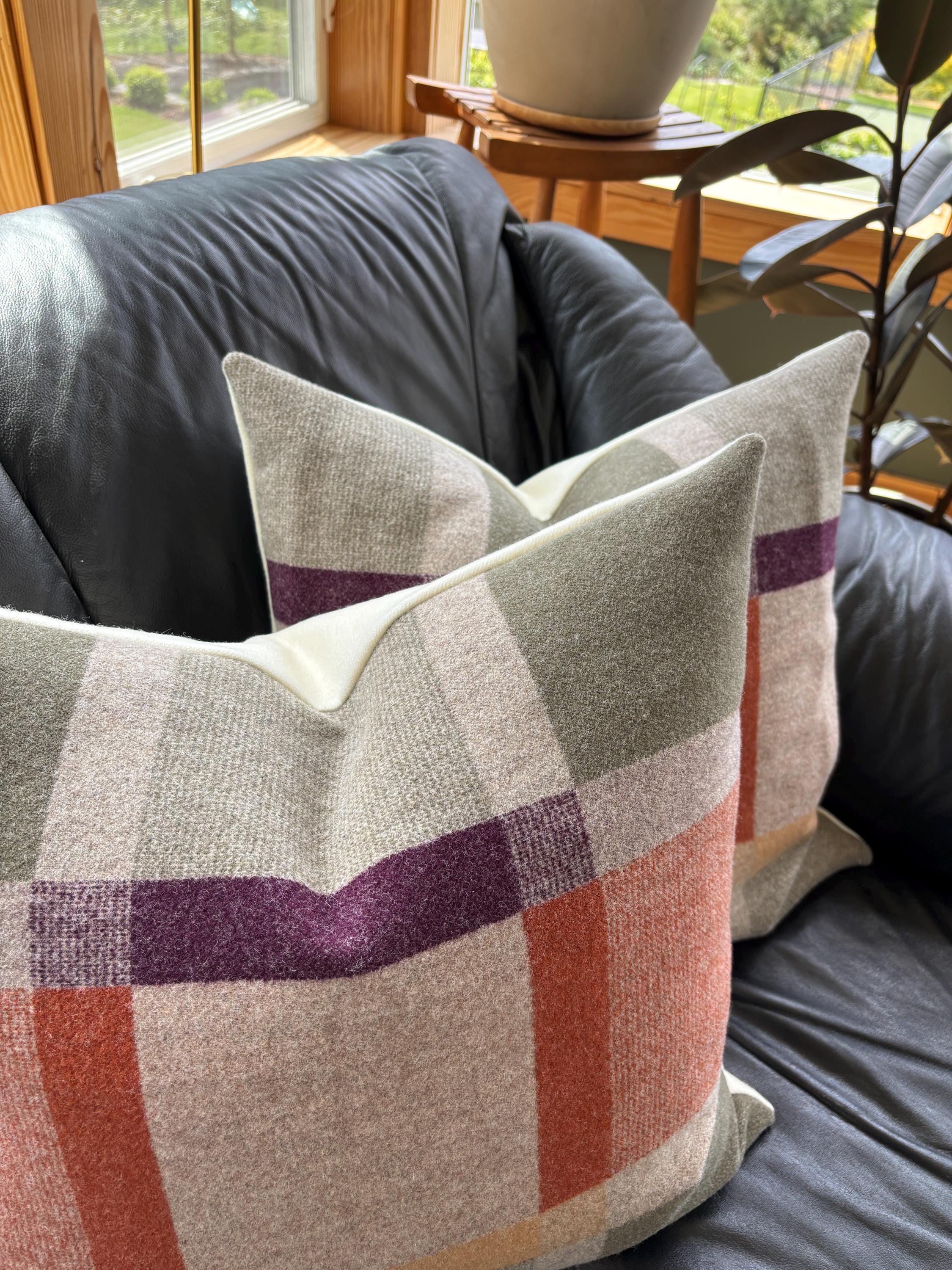 wool plaid pillow cover with green and orange pillow 18”20”22”24” 14x24 housewarming gift