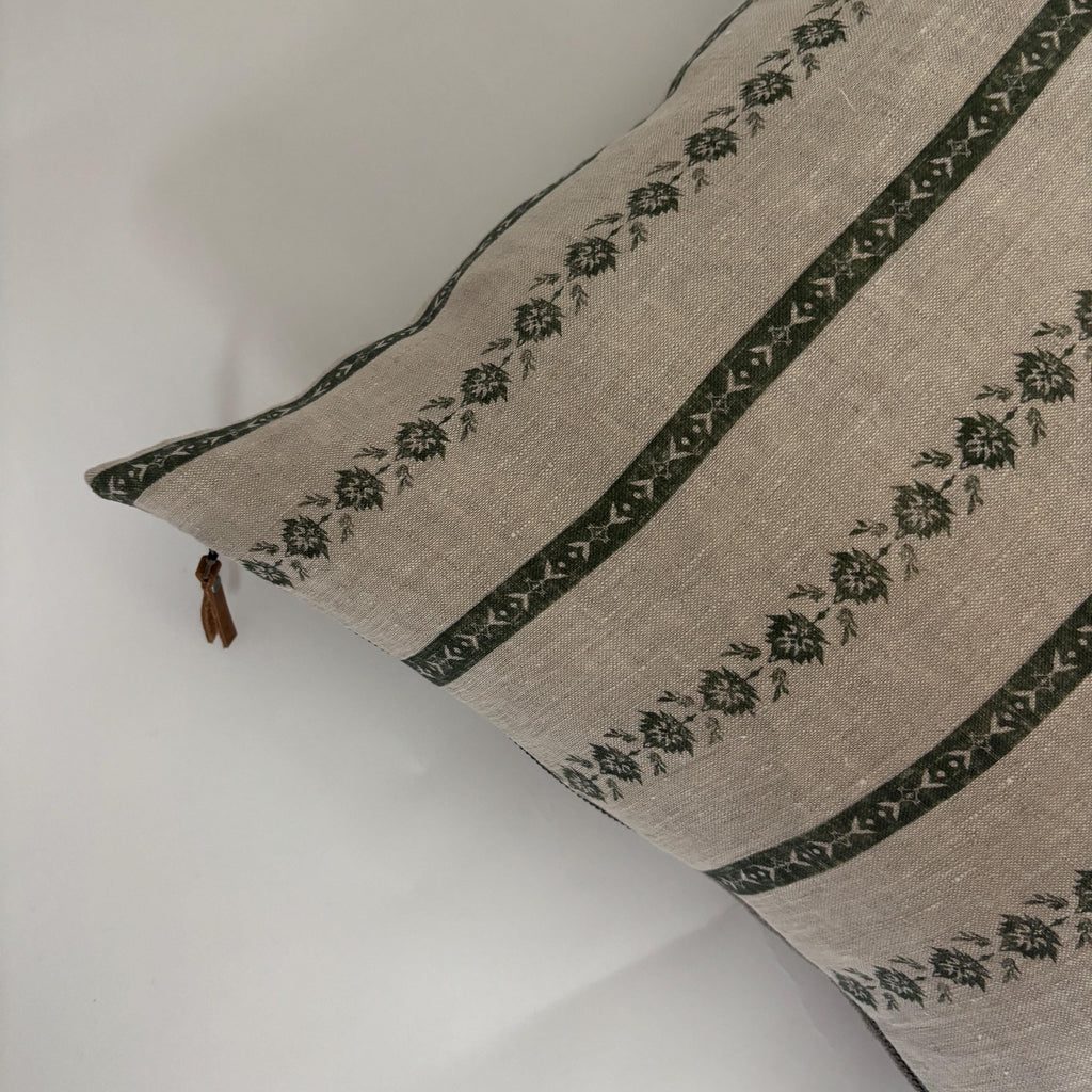 Green Floral striped Linen Pillow Cover: Exposed Zipper, Leather Pull hundred percent linen housewarming gift
