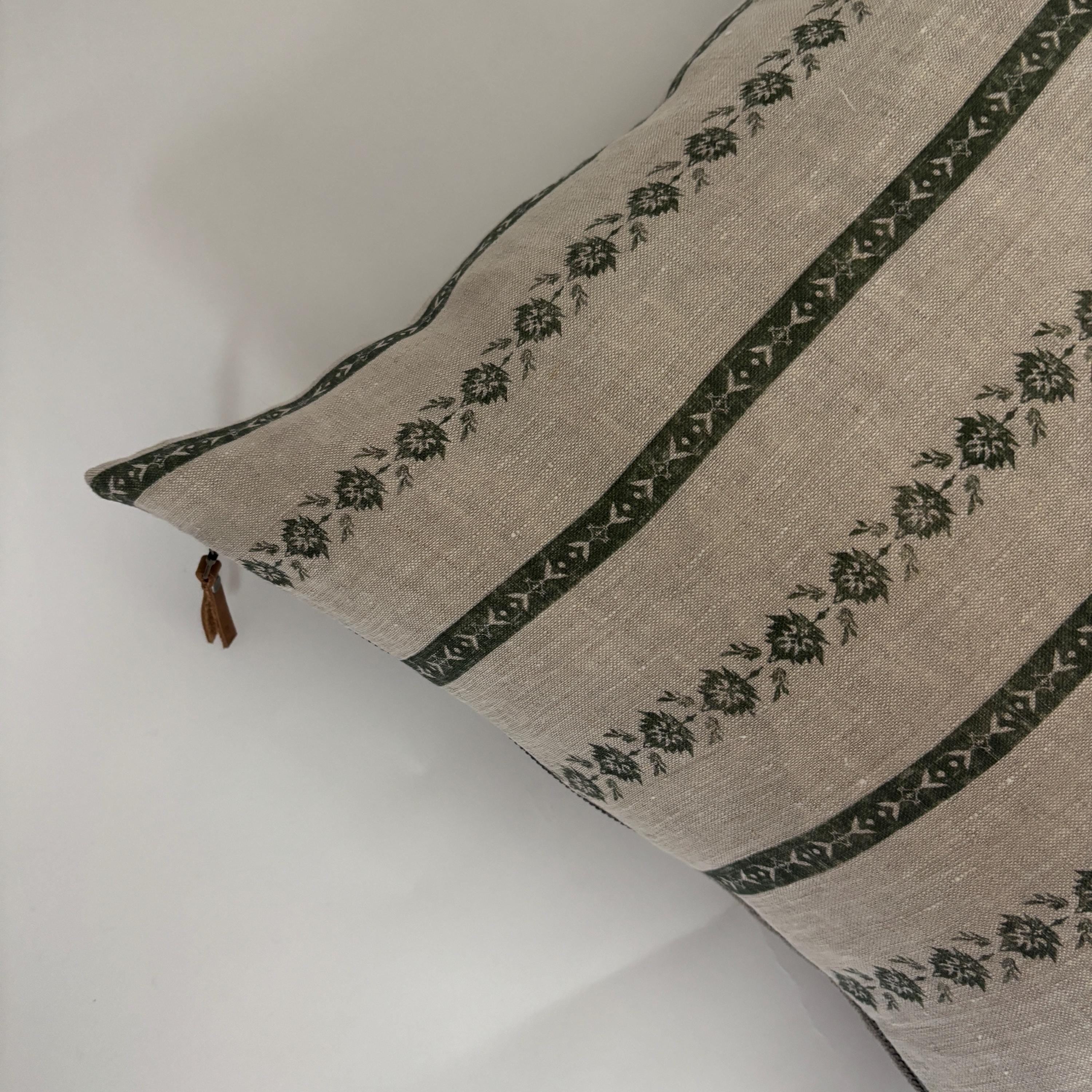 Green Floral striped Linen Pillow Cover: Exposed Zipper, Leather Pull hundred percent linen housewarming gift