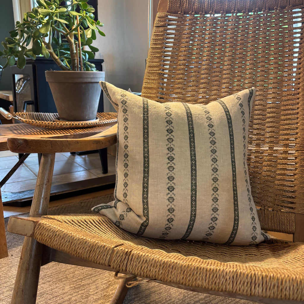 Green Floral striped Linen Pillow Cover: Exposed Zipper, Leather Pull hundred percent linen housewarming gift