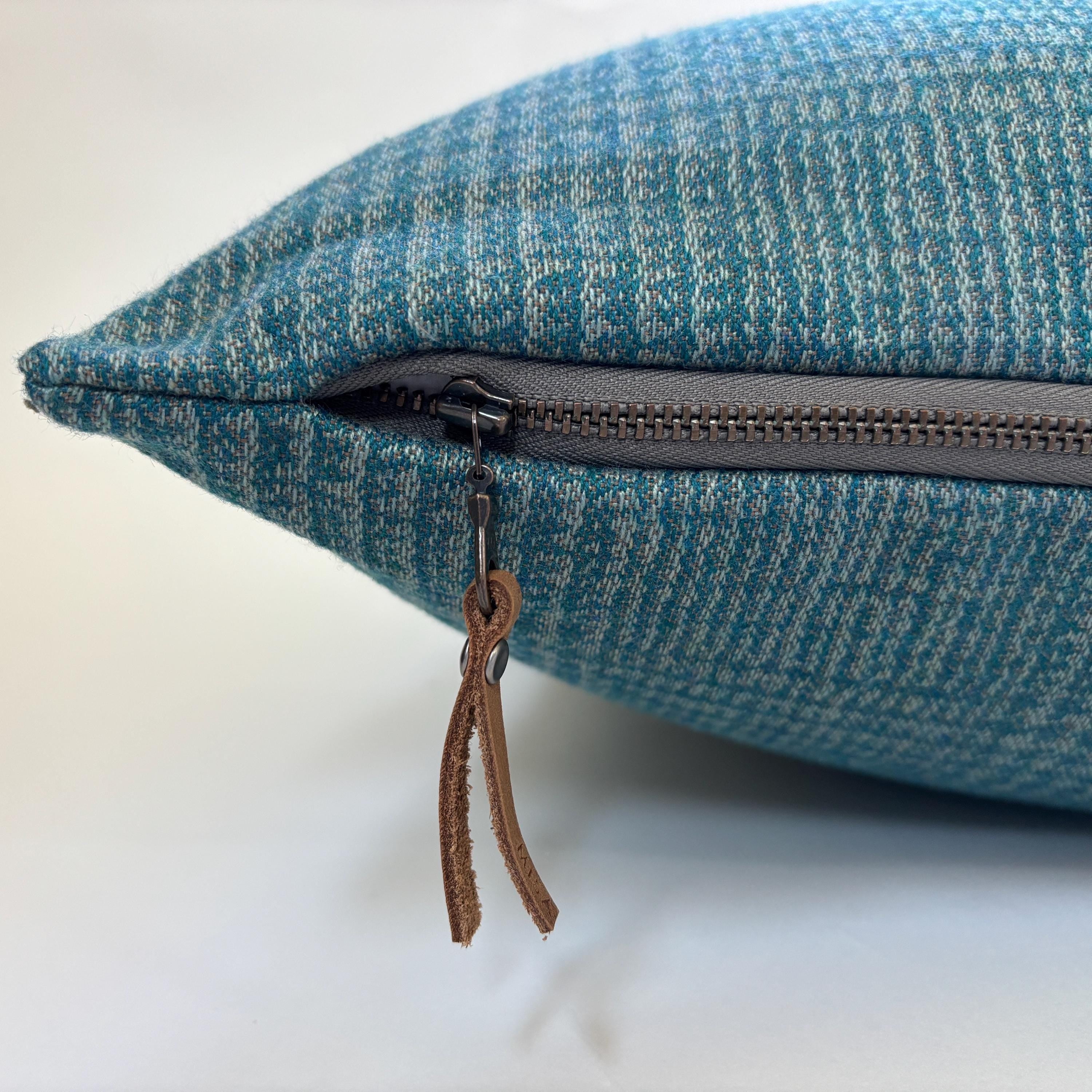 Outdoor pillow blue checked wool pillow cover exposed zipper 14x24" 20" handmade