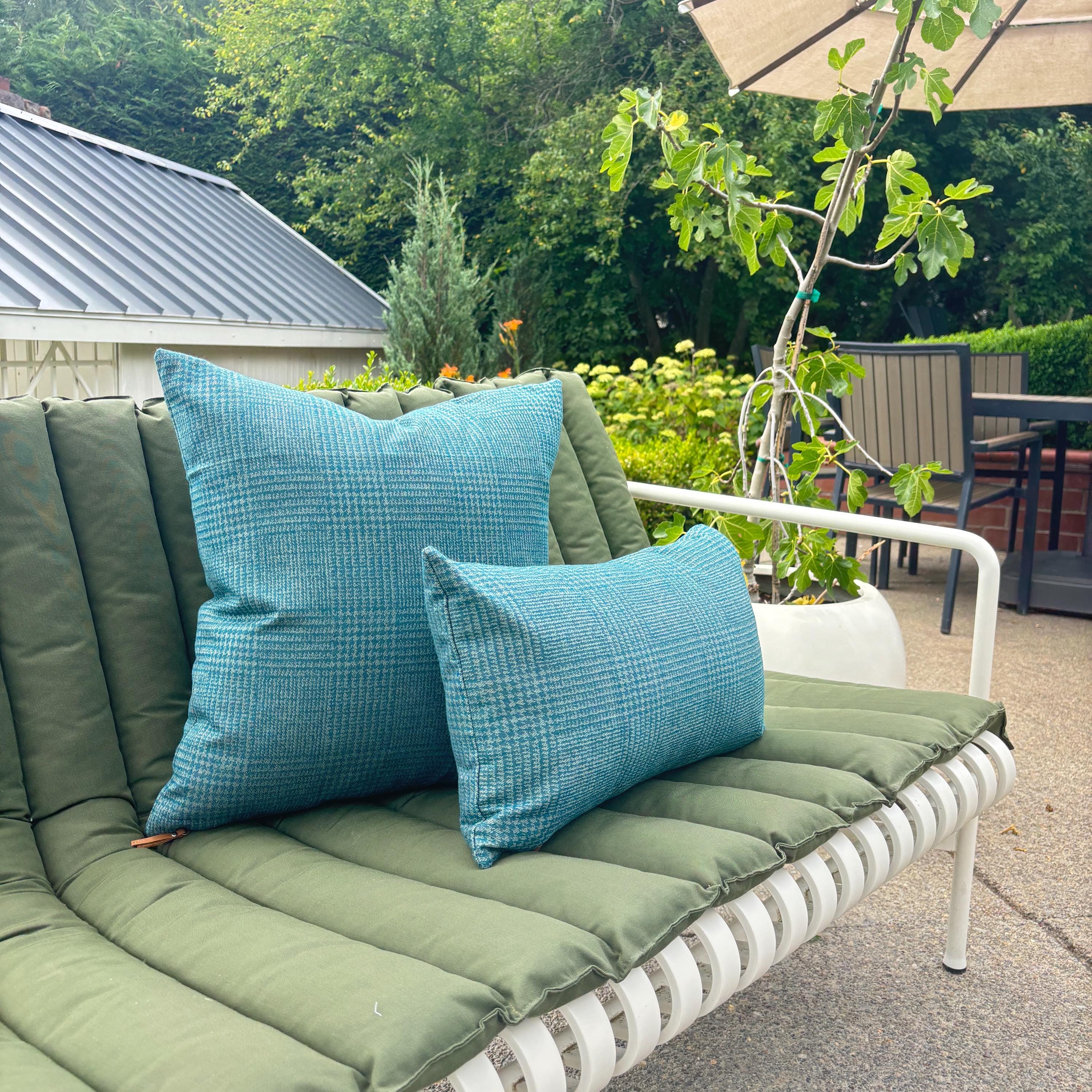 Outdoor pillow blue checked wool pillow cover exposed zipper 14x24" 20" handmade