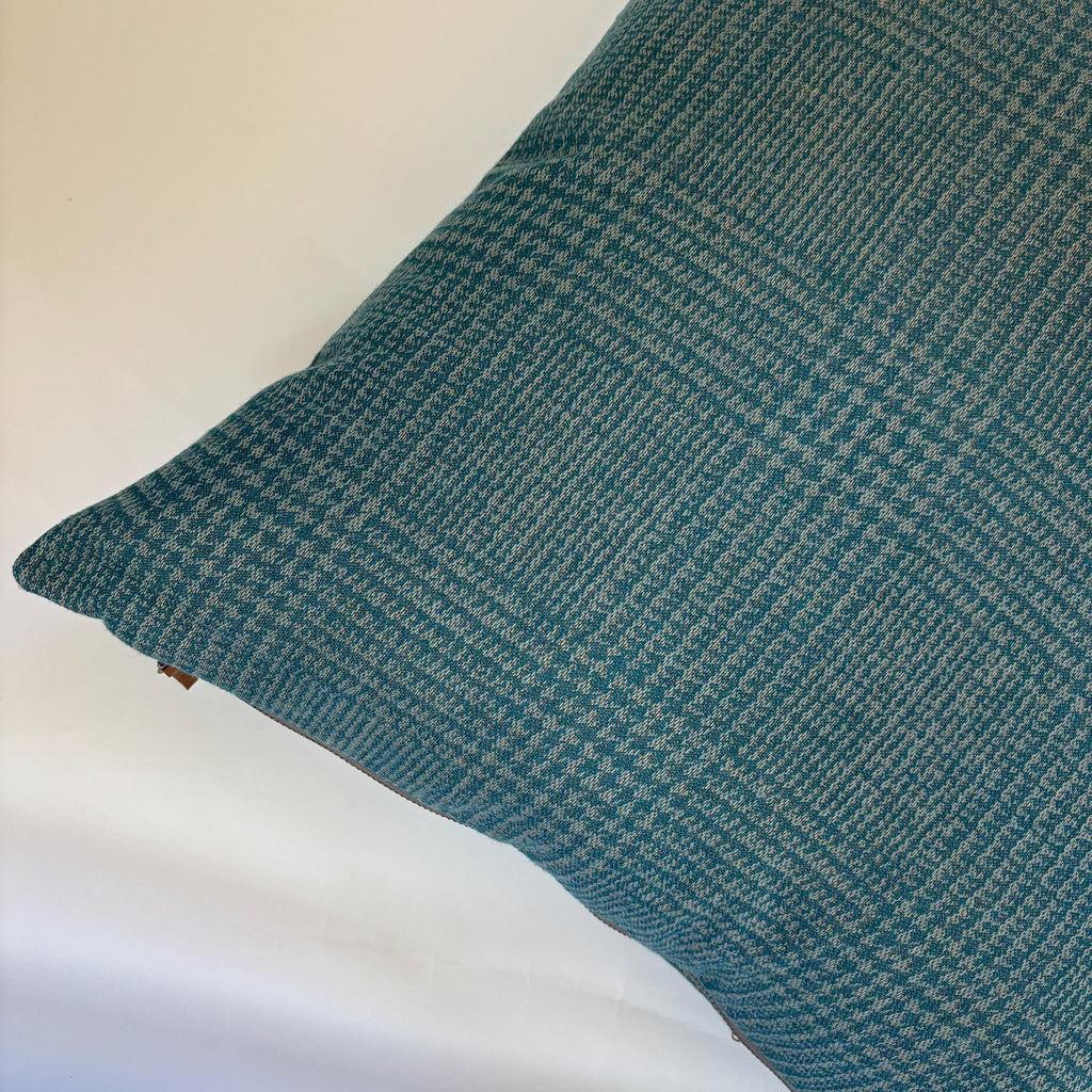 Outdoor pillow blue checked wool pillow cover exposed zipper 14x24" 20" handmade