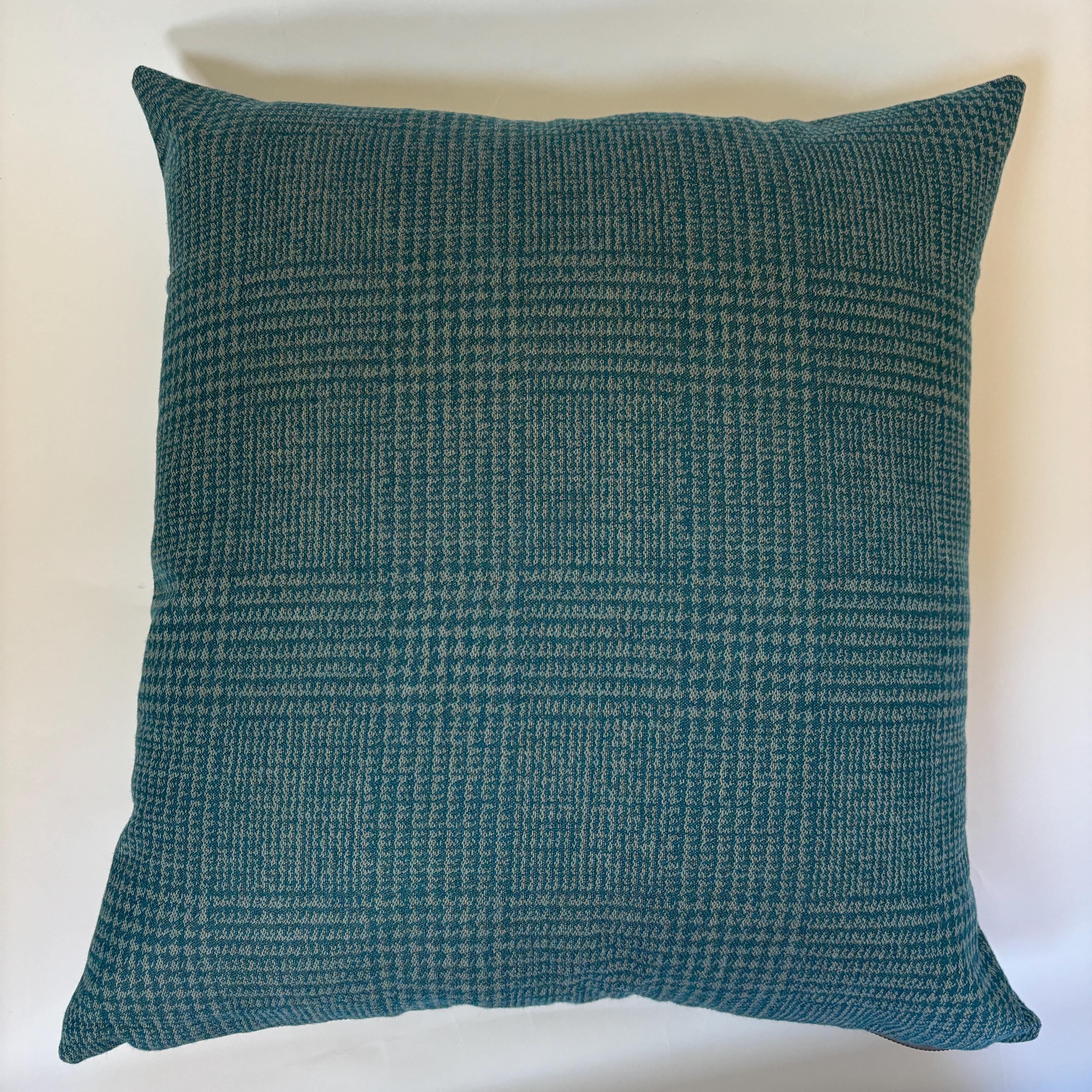 Outdoor pillow blue checked wool pillow cover exposed zipper 14x24" 20" handmade