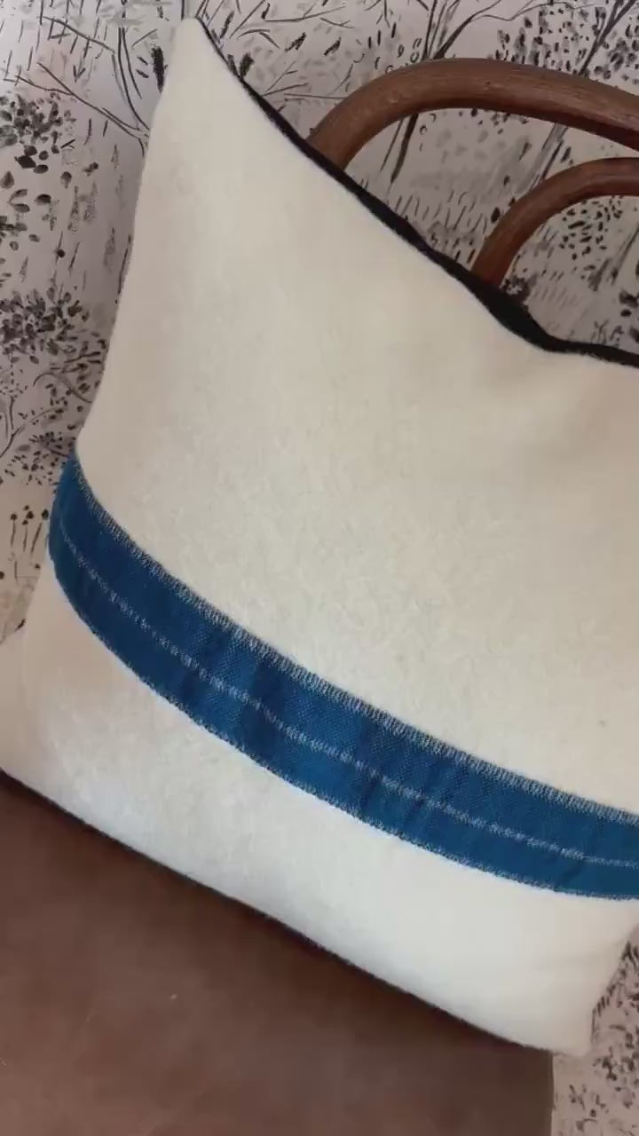 Handcrafted Cream Wool Pillow: Turquoise Stripe, Leather Zipper Pull