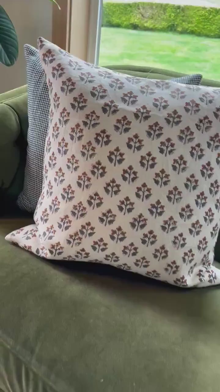 Floral Linen Pillow Cover: Gray Brown Print, Leather Zipper Pull