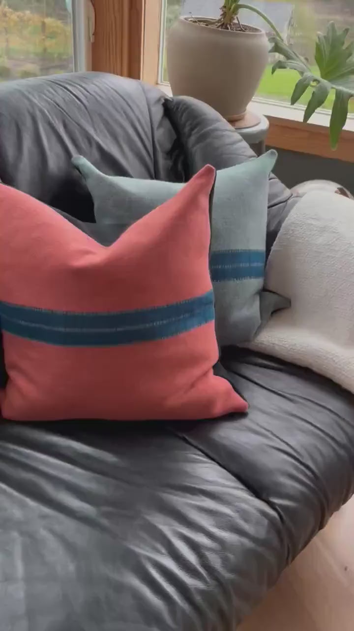 Wool coral pillow with blue stripe 18x18 exposed zipper striped pillow housewarming gift winter gift