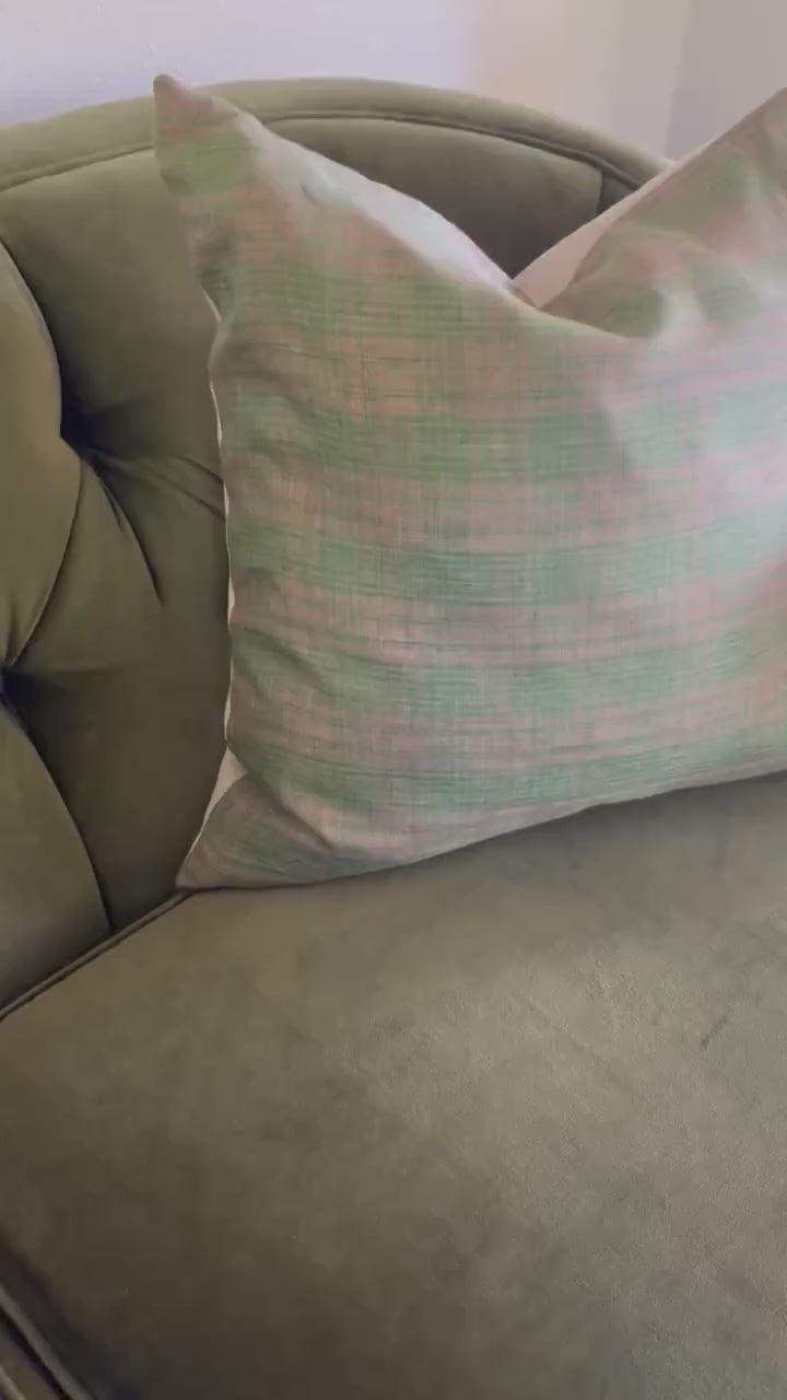Green Plaid Linen Pillow Cover: Exposed Zipper, Leather Pull