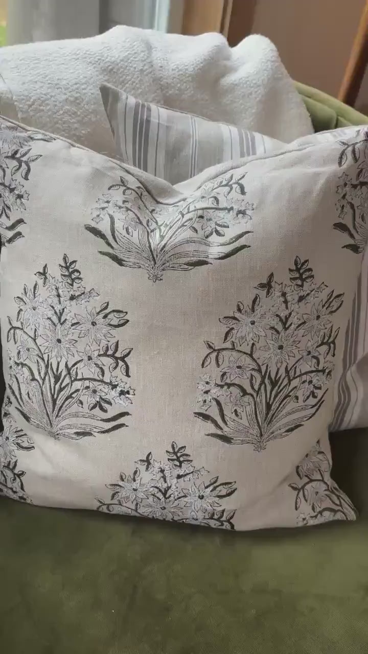 Green Floral Linen Pillow Cover: Exposed Zipper, Leather Pull hundred percent linen housewarming gift large print