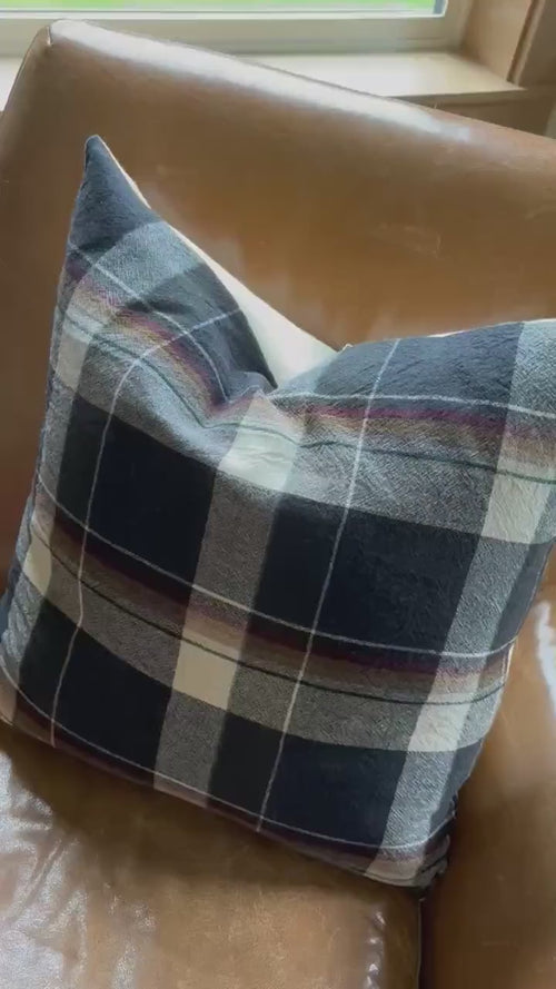 Black and cream plaid wool pillow cover exposed zipper-leather pull 24” 22” 20” 14x24 Handcrafted by misa housewarming gift