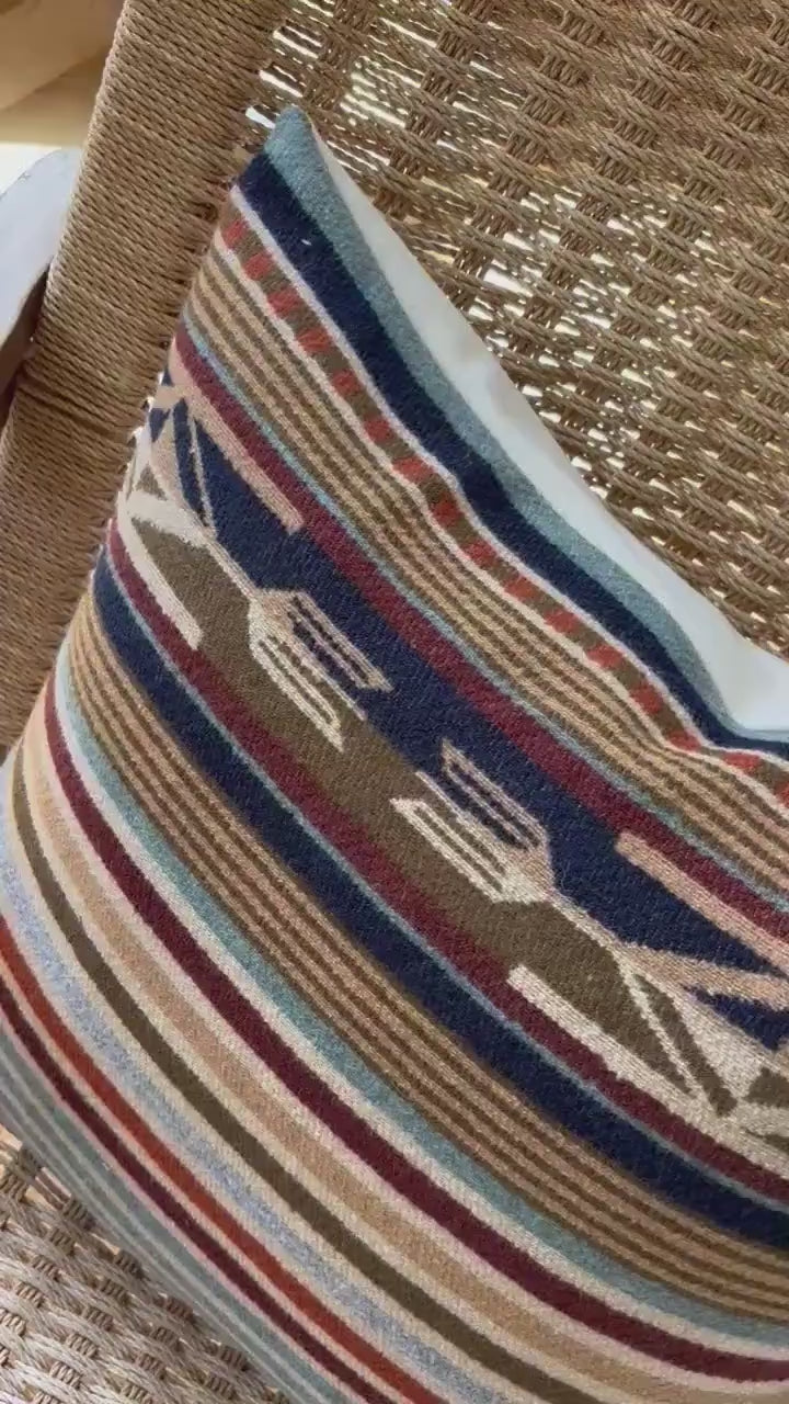 Wool Pillow Cover: Tans and rust striped Aztec Design, Leather Pull (20x20)