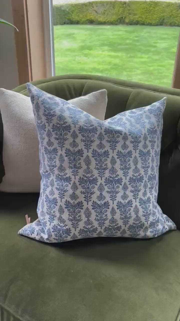 Blue Floral Linen Pillow Cover: Exposed Zipper, Leather Pull