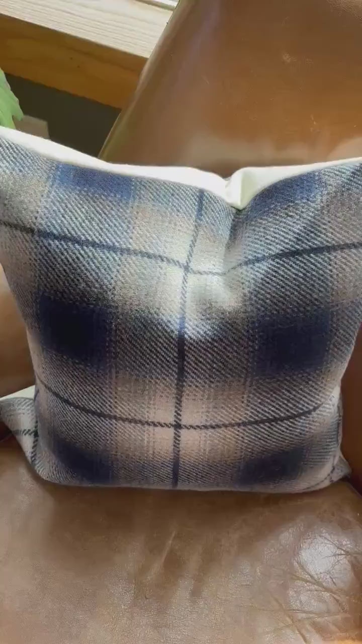 plaid pillow blue and brown wool fall pillow 18”20”22”24” 14x24 housewarming gift