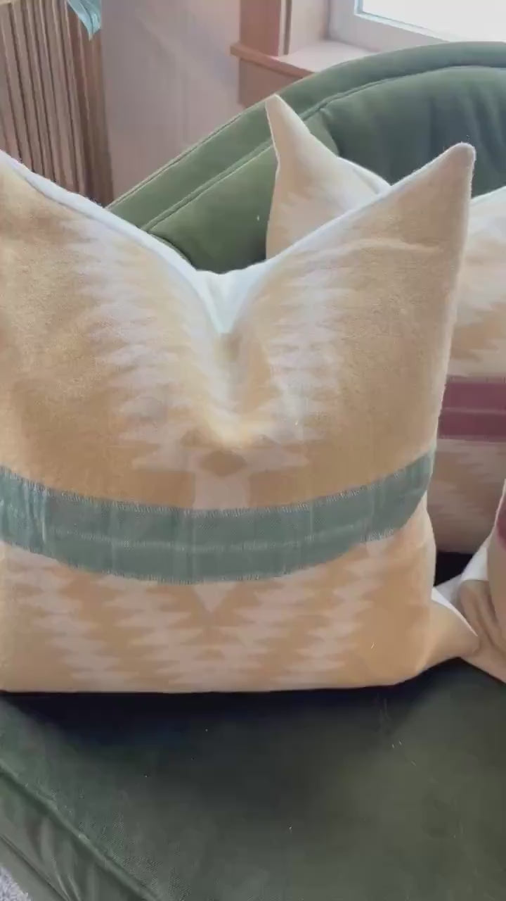 Wool Pillow Cover: Aztec Southwestern Design Golds and Rust with Leather Pull (18x18”)