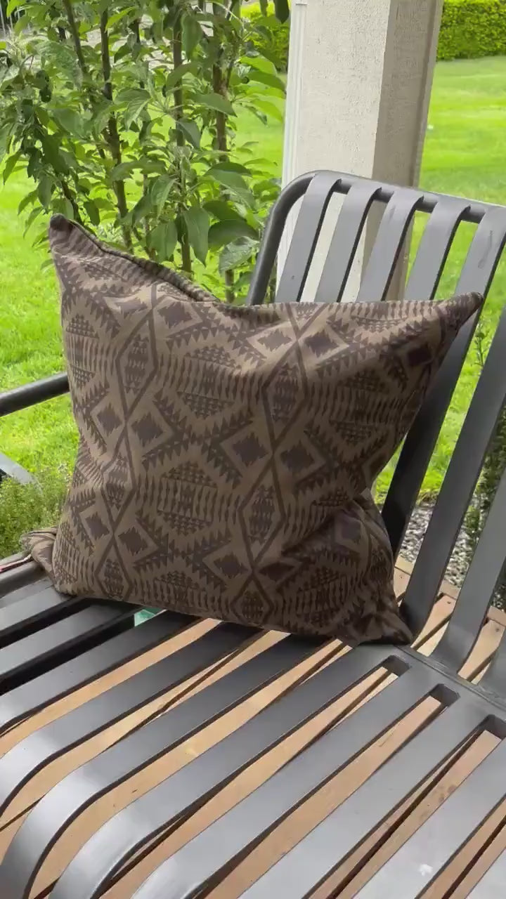 Oilcloth Pillow Cover: Brown Black Geometric, Leather Pull