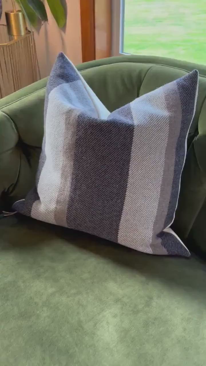 striped wool brown gray tan striped wool pillow cover exposed zipper-leather pull 14x24" 20"22"24"   handcrafted by misa
