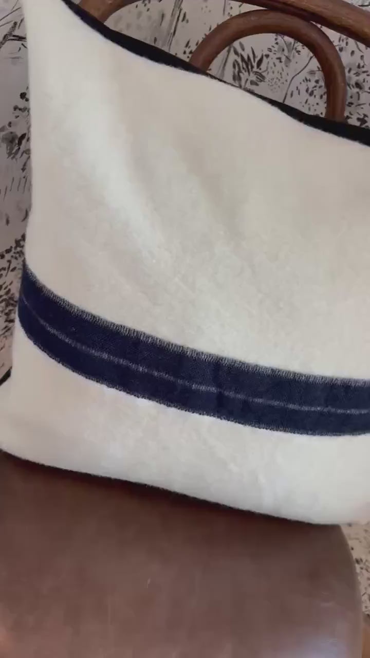 Cream & Blue Stripe wool pillow cover, Leather Zipper Pull (18x18)