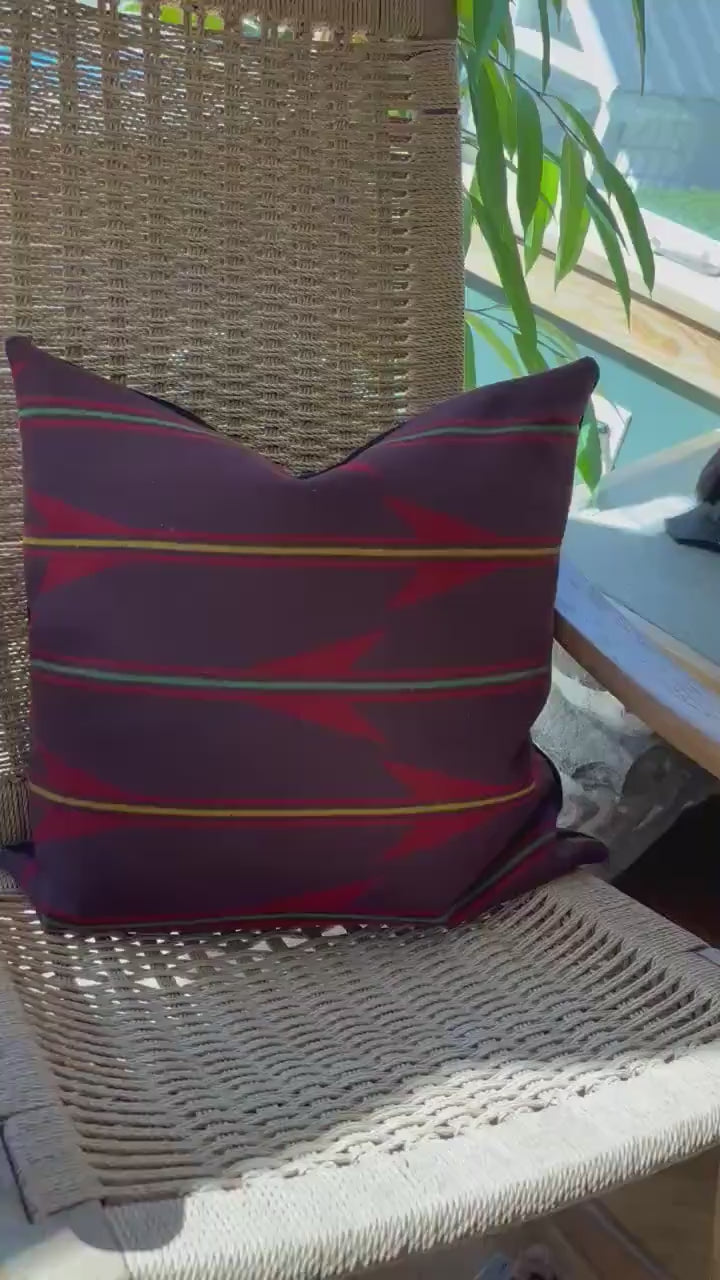 Maroon Striped wool throw Pillow with Leather Pull