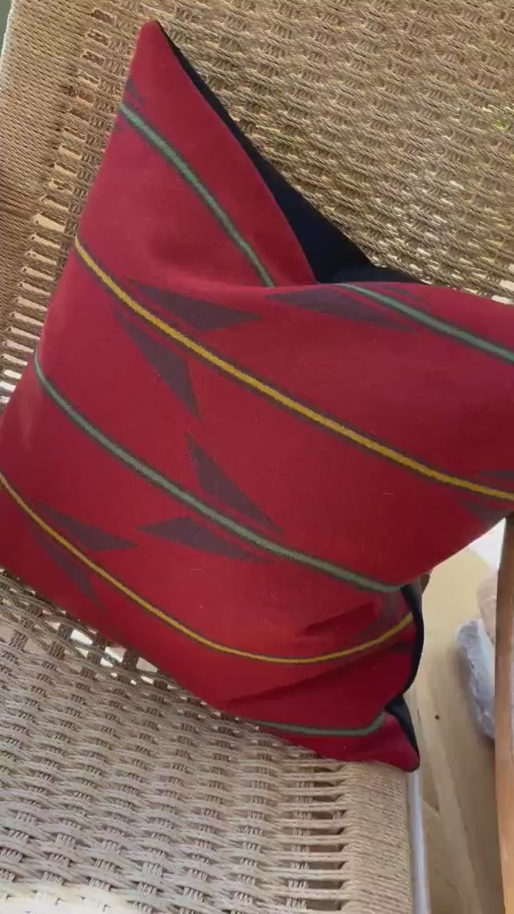 Handcrafted Red Striped Wool Pillow Cover: Leather Zipper Pull