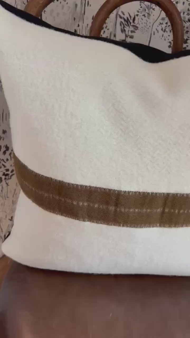 Wool Pillow Cover: Brown and Cream with Khaki Stripe, 18x18 Throw Pillow