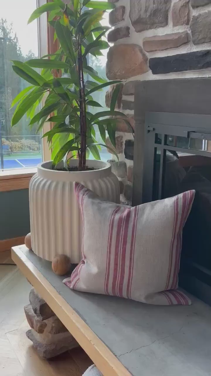 Red Striped Linen Pillow Cover: 18x18 Exposed Zipper, Leather Pull