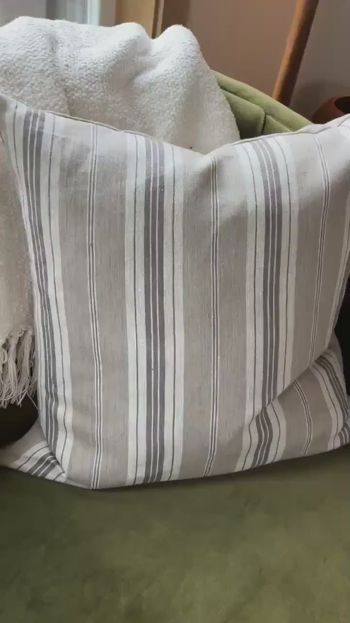 Striped Linen Pillow Cover: brown and tan with Leather Zipper Pull housewarming gift 18”20”22”24” 100 percent linen
