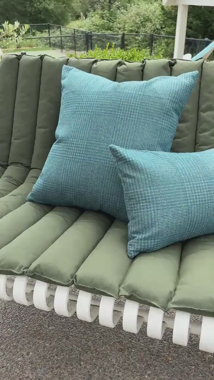 Outdoor pillow  blue checked wool pillow cover exposed zipper 14x24" 20" handmade