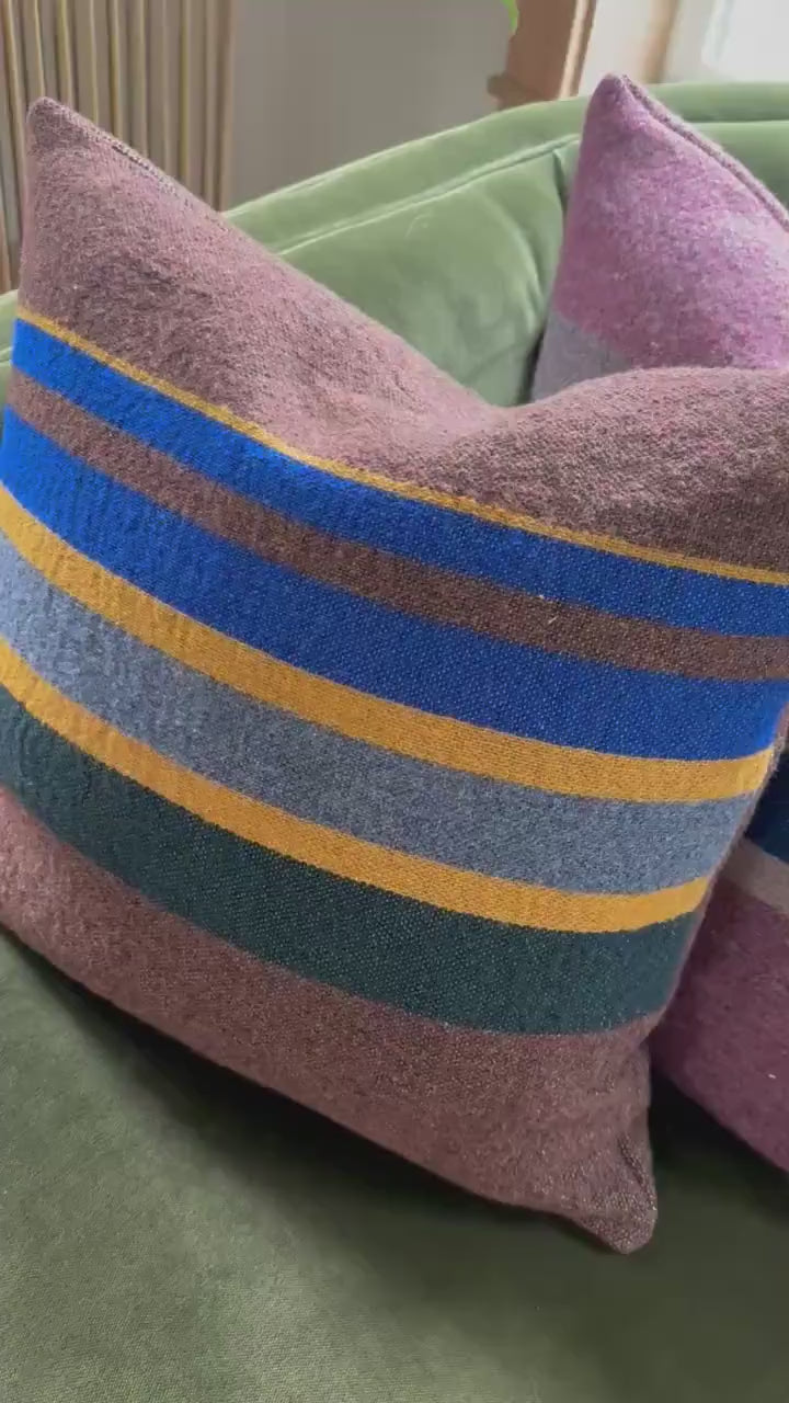 Striped Wool Pillow Cover: Brown, Blue, Yellow striped (18")