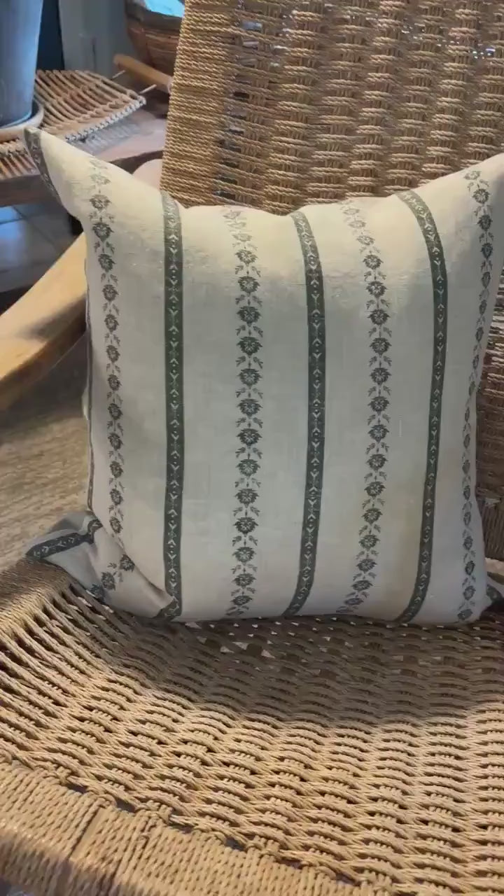 Green Floral striped Linen Pillow Cover: Exposed Zipper, Leather Pull hundred percent linen housewarming gift