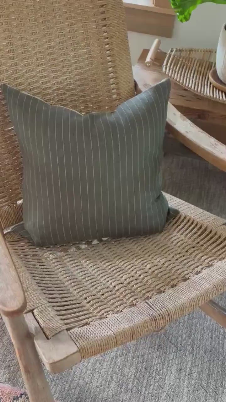 Striped Linen Pillow Cover: Green and tan with Leather Zipper Pull housewarming gift 18”20”22”24” 100 percent linen