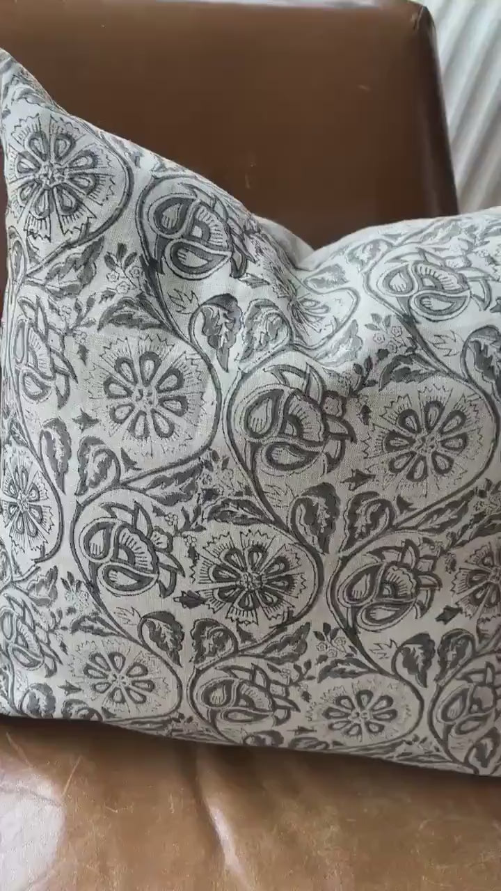 Gray floral paisley linen pillow cover exposed zipper-leather pull  14x24 20”22"24” high quality floral pillow 100% linen pillow