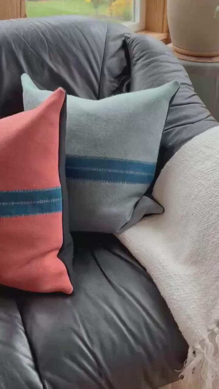 maroon wool pillow with an orange stripe 18” winter wool exposed zipper striped pillow housewarming gift