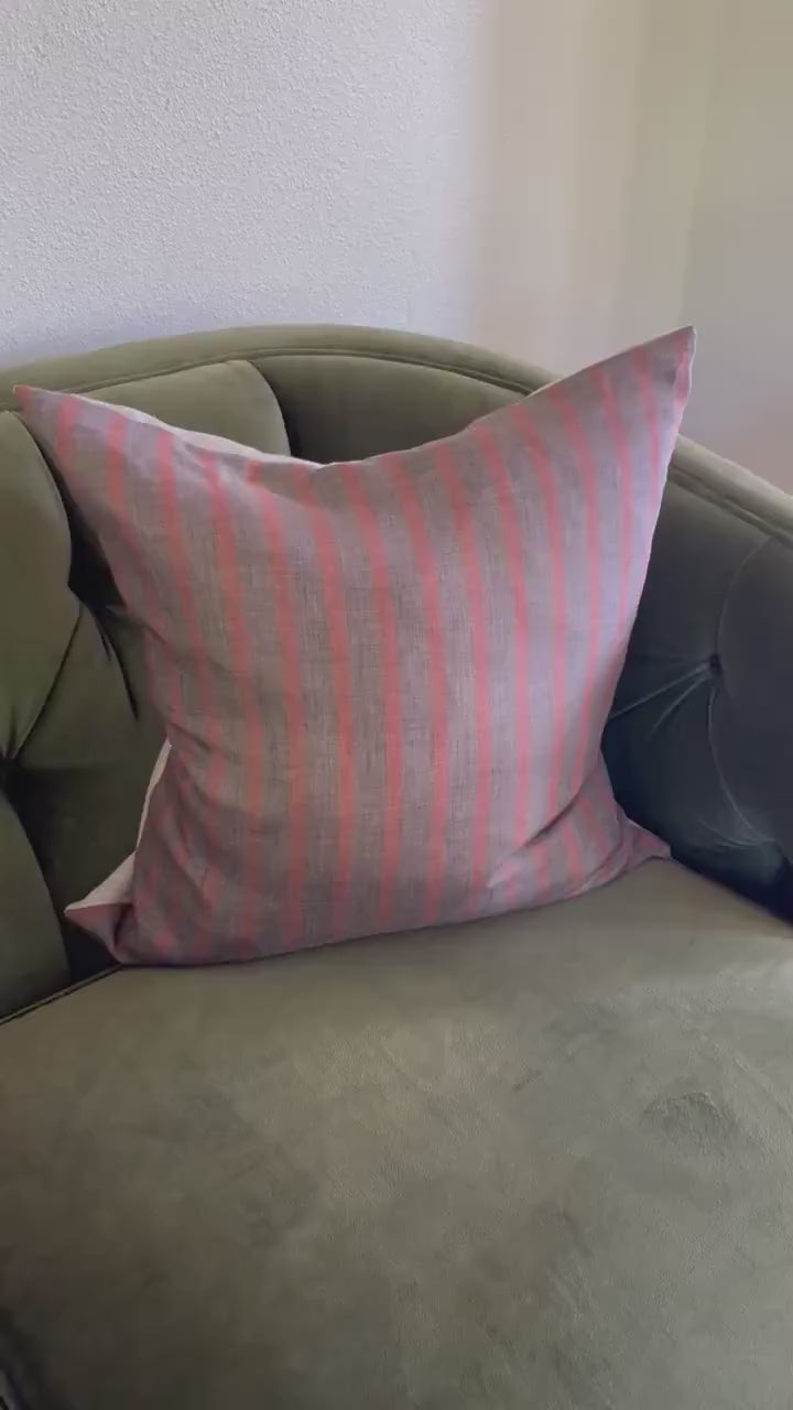 Handcrafted Striped Linen Pillow Cover: Brown Rust Accent, Exposed Zipper