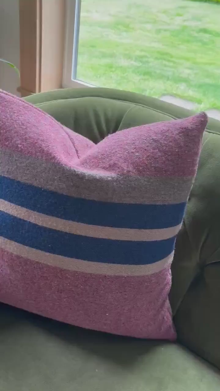 Wool Pillow Cover: Striped Pink Blue Tan, 20x20 Accent Pillow