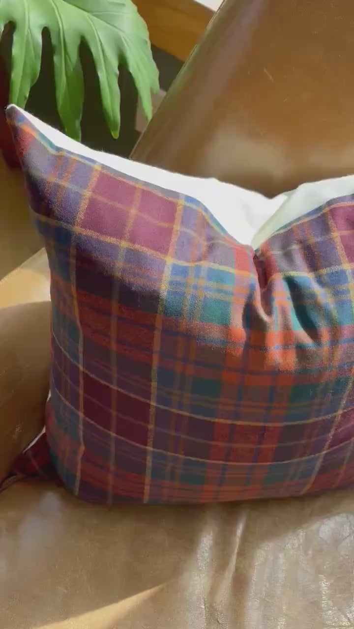 wool plaid pillow cover with reds blue and orange fall pillow 18”20”22”24” 14x24 housewarming gift