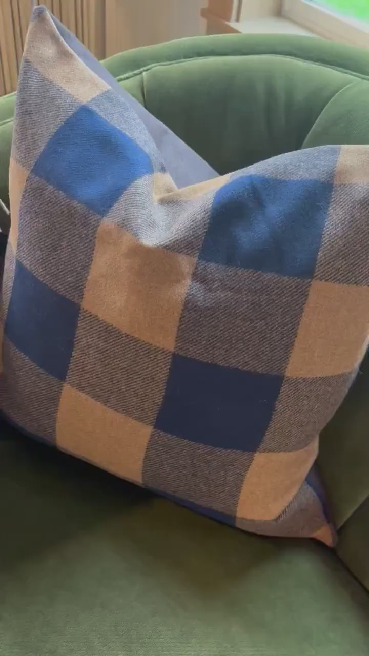 Wool Pillow Cover: Brown Blue Plaid with Leather Zipper Pull