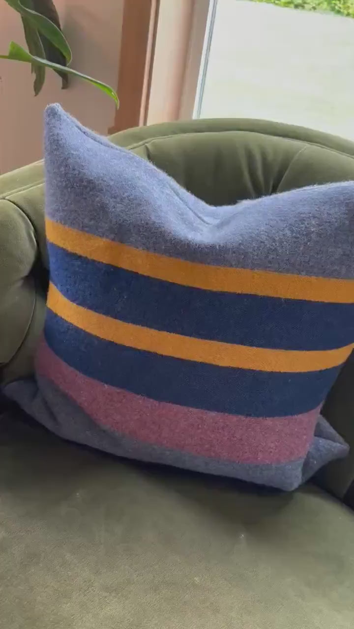Striped wool throw Pillow blue and yellow with Leather Pull (20x20)
