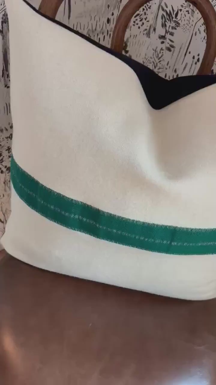 Handcrafted Cream Wool Pillow: Green Stripe, Leather Zipper Pull