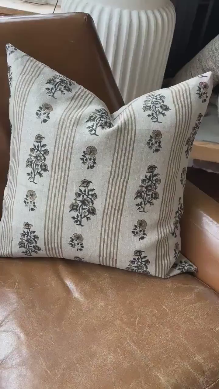 Tan Floral and striped Linen Pillow Cover: Exposed Zipper, Leather Pull