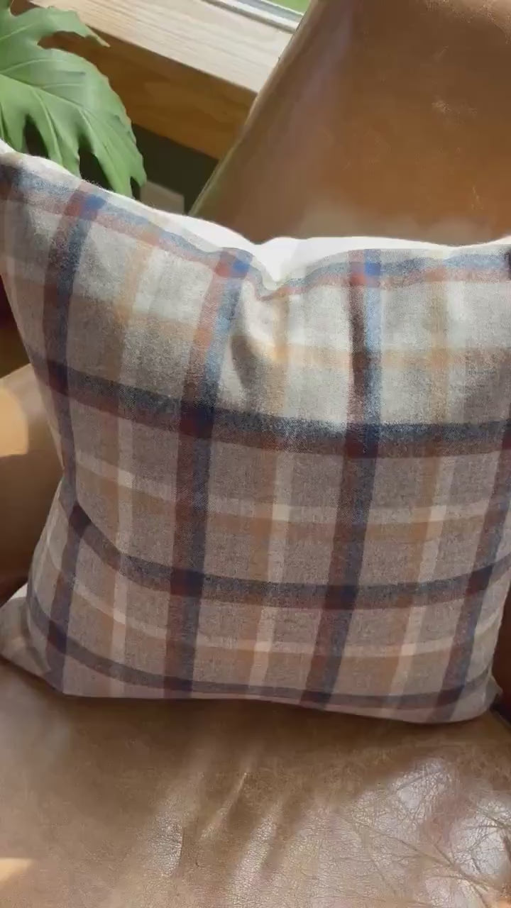wool plaid pillow cover blue and browns fall pillow 18”20”22”24” 14x24 housewarming gift
