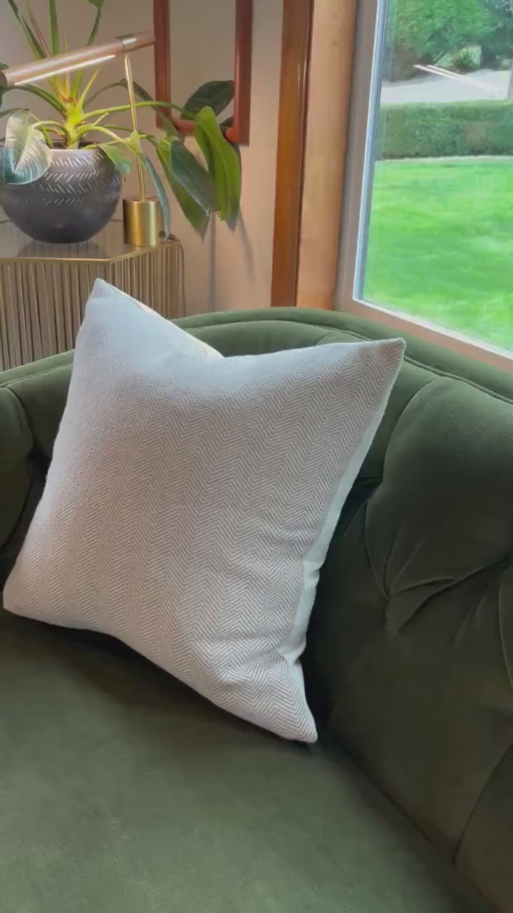 Tan and cream herringbone wool pillow cover exposed zipper-leather pull 20x20 22x2214x24 24x24 handmade Handcrafted by misa