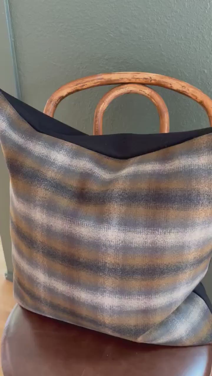 Wool Pillow Cover: Blue and tans Plaid Throw Pillow with Leather Pull