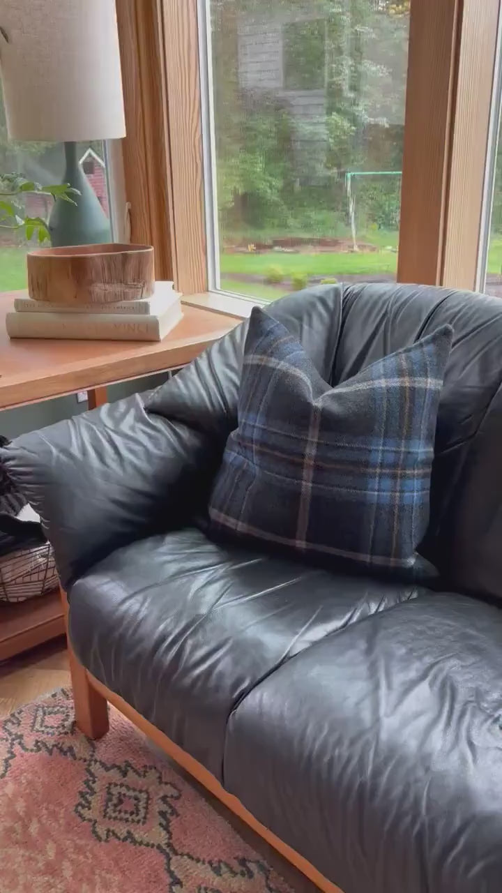 Black blue gold plaid wool pillow cover exposed zipper-leather pull 24"20"22" 14x24 handmade