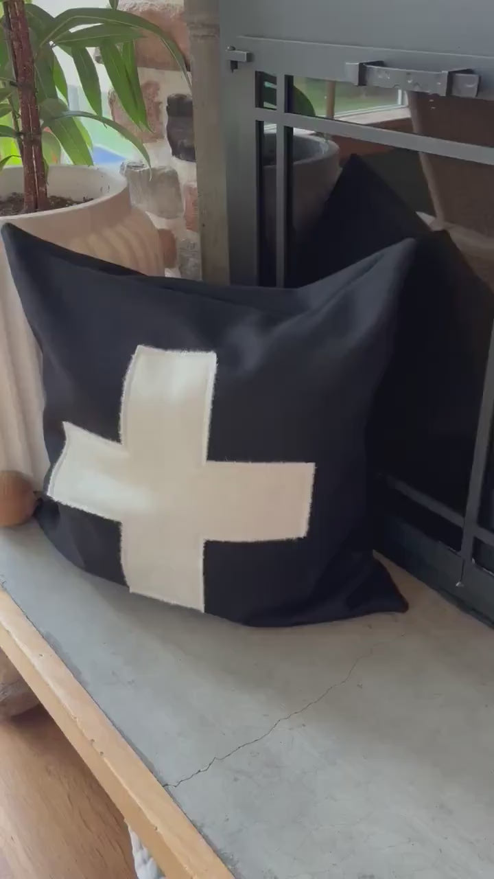 Swisscross pillow cover black with cream cross exposed zipper-leather pull 20x20 or 24x14 lumbar made with black wool