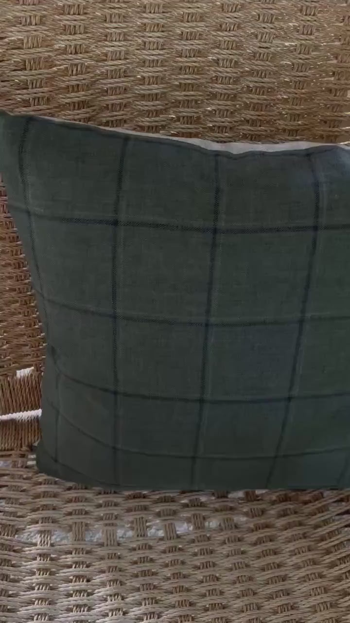 Plaid Linen Pillow Cover: Green and dark checked with Leather Zipper Pull housewarming gift 18”20”22”24” 100 percent linen