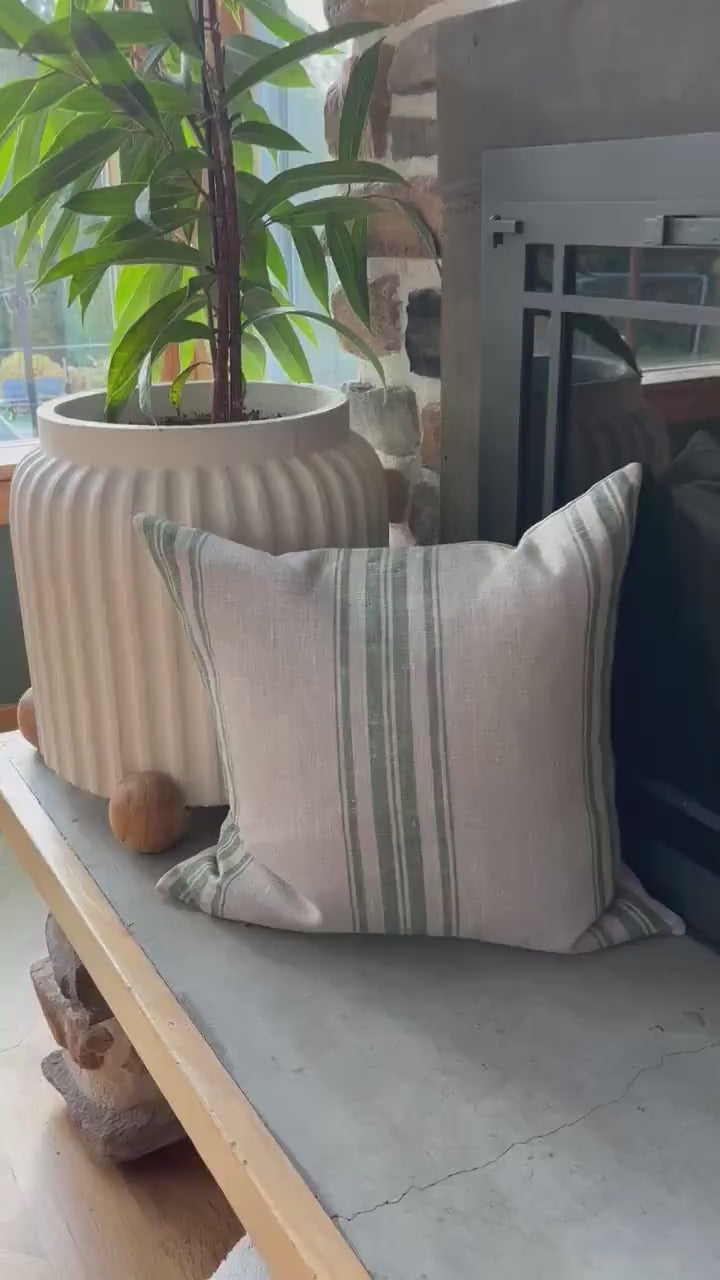 Green Striped Linen Pillow Cover: 18x18 Throw Pillow with Leather Pull