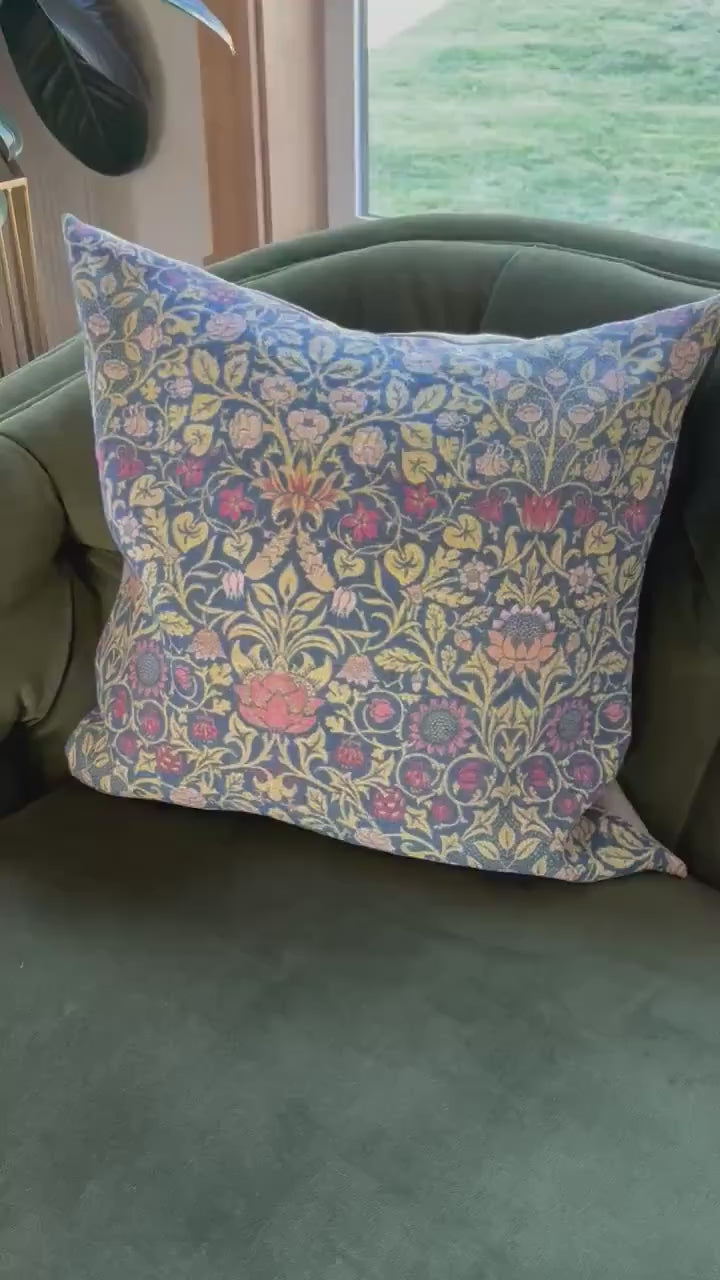 William Morris Floral Linen Pillow Cover: Blue & Yellow with Leather Pull