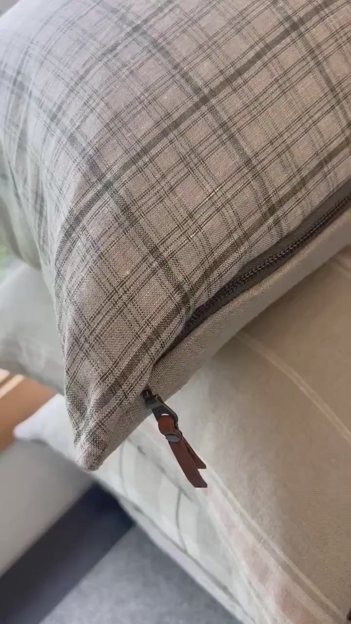 Plaid Linen Pillow Cover: Tan Green Throw Pillow with Leather Pull